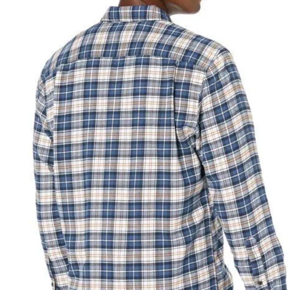NWT Amazon Essentials Men’s Blue & White Plaid Flannel Shirt w/ Mustard Accent - Picture 2 of 4